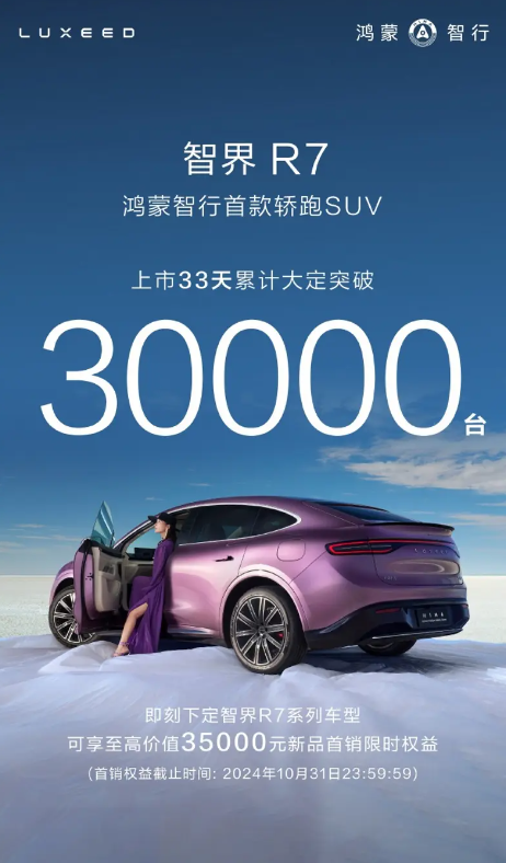 特斯拉Model Y迎來最強(qiáng)對(duì)手！智界R7上市33天大定超3萬臺(tái)