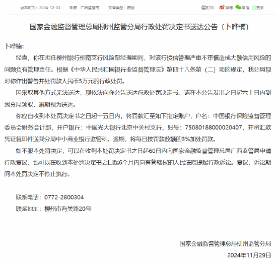 柳州銀行柳南支行授信管理嚴重不審慎造成大額信用風險 時任風險部經(jīng)理被罰5萬元