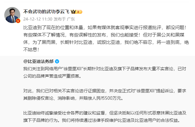 索賠500萬元！比亞迪法務部起訴博主“徐里里XlI”