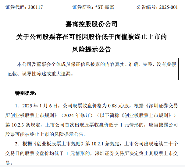 *ST嘉寓提示存在“面值退”風(fēng)險，收盤價首次低于1元/股