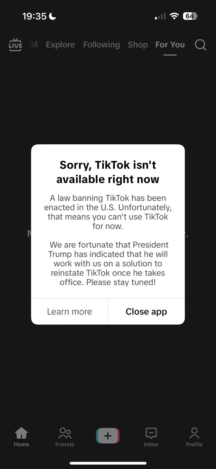 TikTok停止在美服務(wù)，稱特朗普表示上任后將共同尋求恢復(fù)其使用