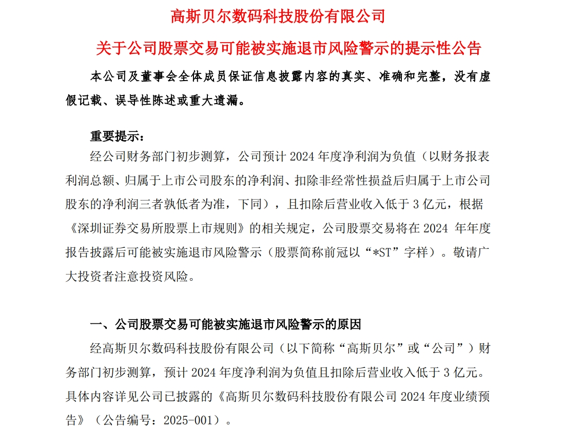 A股公司高斯貝爾公告：可能被*ST！發(fā)生了什么？