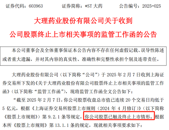 *ST大藥觸及交易類強(qiáng)制退市指標(biāo)，自2月10日起停牌