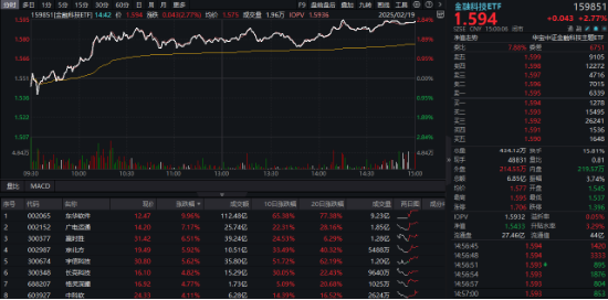 A股低開(kāi)高走！科技火速奪回C位，AI全線反攻，金融科技ETF（159851）、創(chuàng)業(yè)板人工智能ETF華寶聯(lián)袂漲超2%
