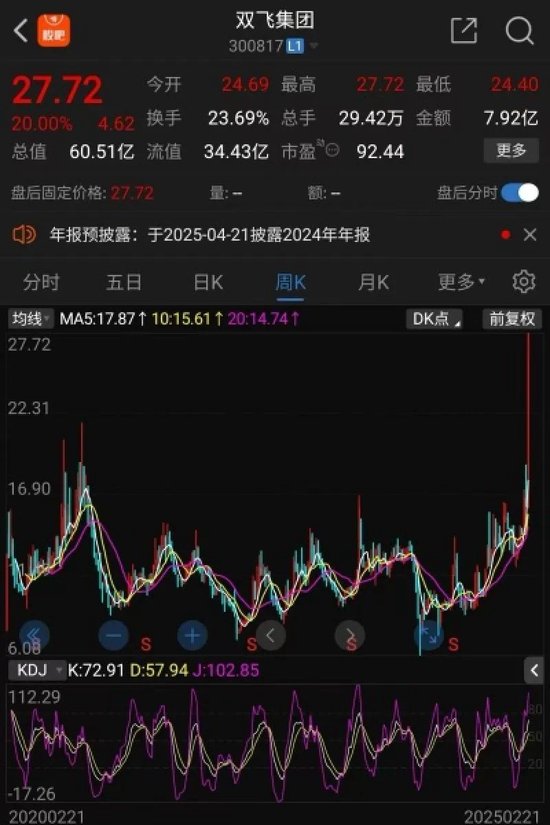 連續(xù)兩個“20cm漲停”！雙飛集團股價創(chuàng)歷史新高，1.35萬股民嗨了