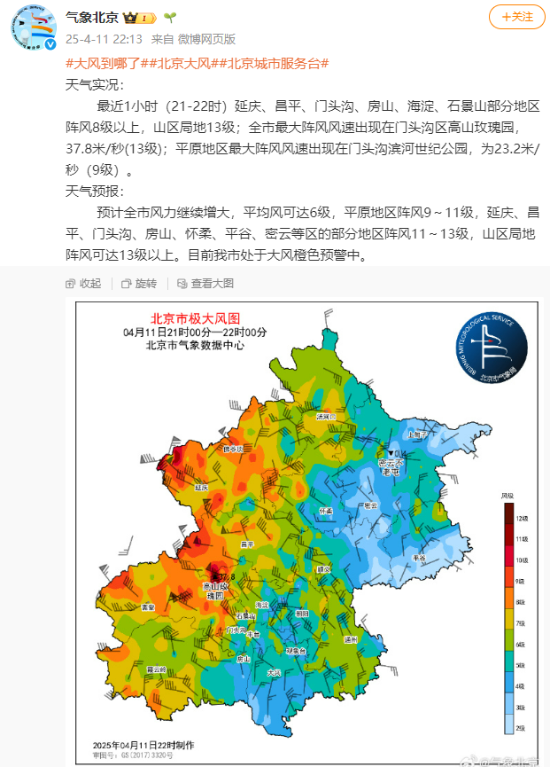 北京門頭溝區(qū)高山玫瑰園陣風(fēng)已達(dá)13級(jí)