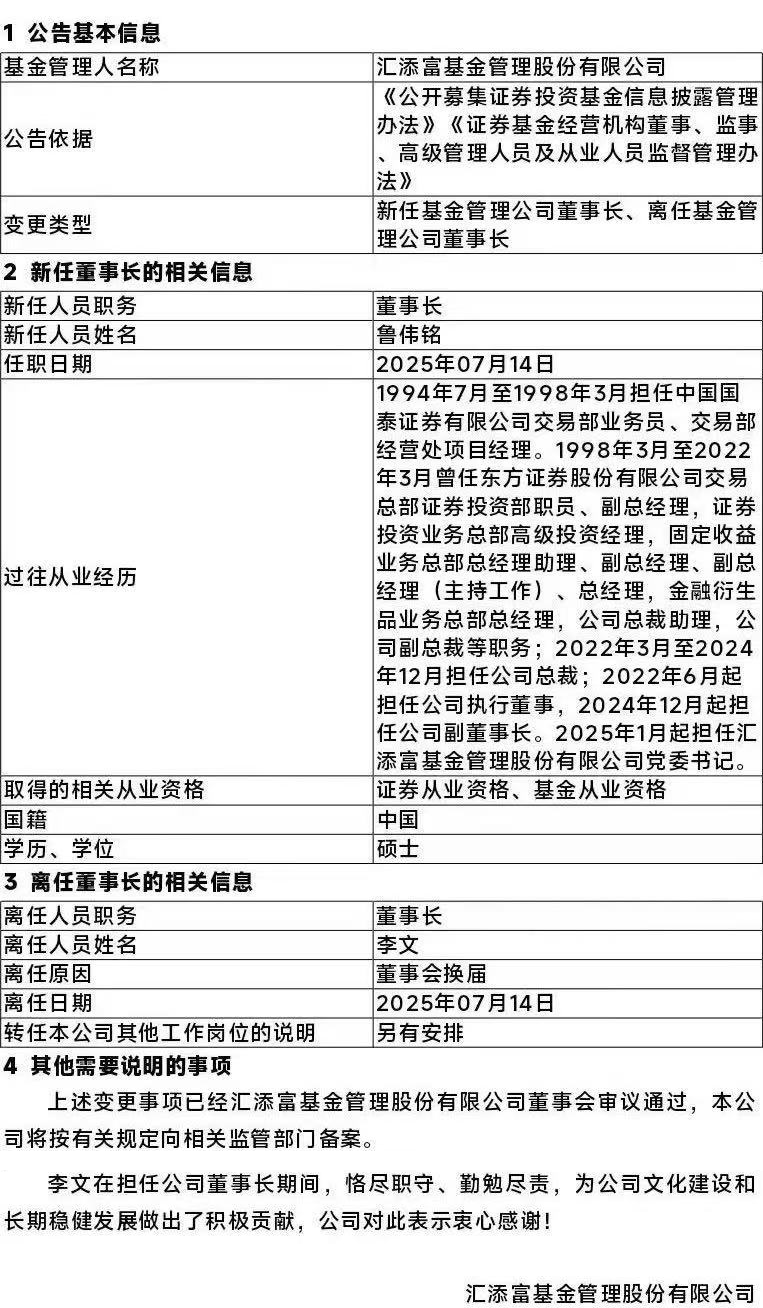 匯添富基金，董事長變更！
