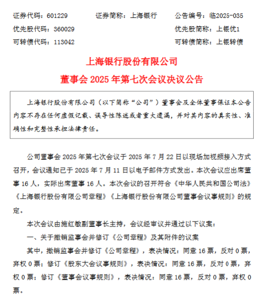 上海銀行：撤銷監(jiān)事會并修訂《公司章程》